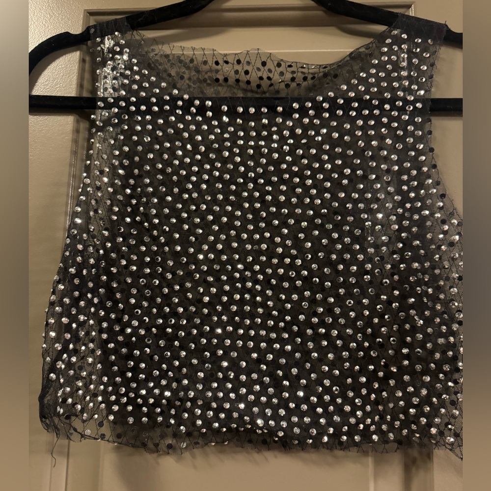 Coachella unbranded cropped black mesh tank with rhinestones